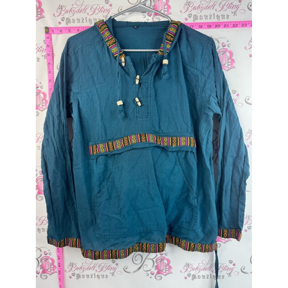 Namaste fair trade long sleeve boho Teal Hooded Pullover with Colorful Trim